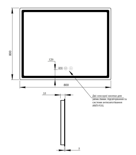 Дзеркало з LED-підсвічуванням Touch Qtap Mideya 800x800, з антизапітнінням, годинником, диммером, рег. яскравості (QT2078NCF8080W) - 3