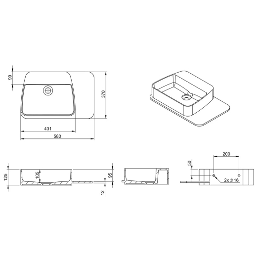 Умивальник VOLLE Solid Surface, 58х37х12, 5 см підвісний, з поличкою, кам'яний (13-40-415) - 4