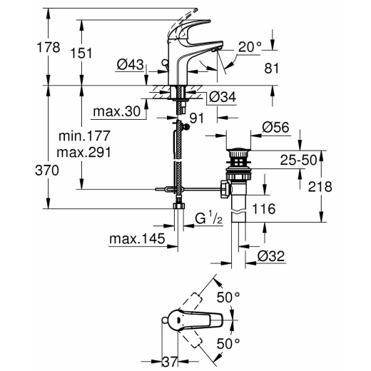 Смеситель для умывальника GROHE Bau Curve с донным клапаном хром (32805000) - 4