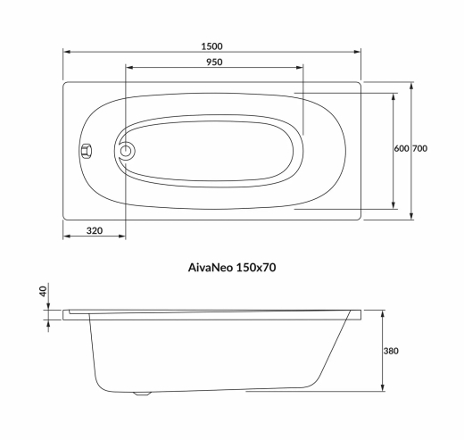 Ванна акрилова Volle Aiva Neo 150х70 см, без ніжок (1229.001570) - 2