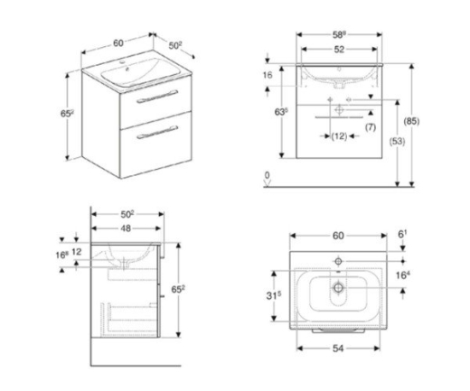 Комплект тумбы с умывальником Geberit Selnova Square slim rim, 60х50, со шкафчиком, два ящика, белый (501.236.00.1) - 3