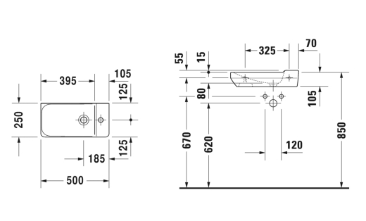 Умивальник підвісний Duravit P3 Comforts 50 х 25 см, білий (0715500000) - 2