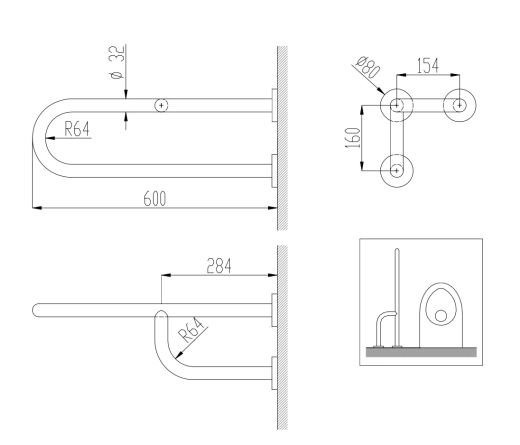 Поручень тройной NOFER 600 мм из нержавеющей стали AISI 304, Satin (15048.S) - 2
