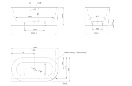 Ванна акрилова Knief Fresh XS Right 155x80, щілинний перелив, білий глянсовий (0100236/010009106S) - 3