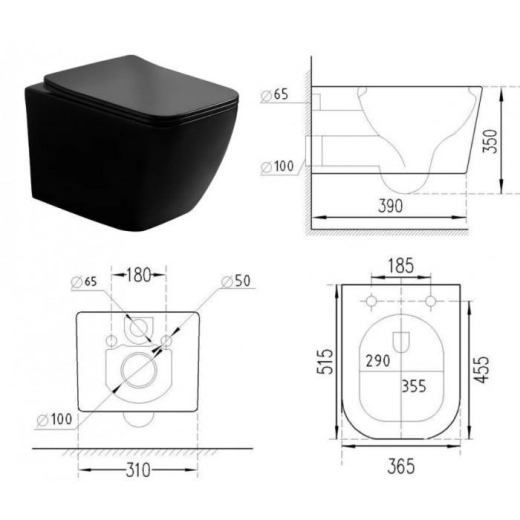 Унитаз подвесной Dusel CUBIS Black Matt DWHT10201030RB с сиденьем Slim Soft-Close (DUS810302) - 9