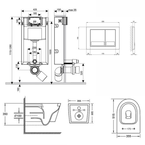 Комплект: інсталяція Qtap Nest ST QT0133M425 + підвісний унітаз Qtap Swan з сидінням QT16335178W + клавіша змиву Qtap Nest QT0111M06028CRM QT16335178W0133M42M - 2