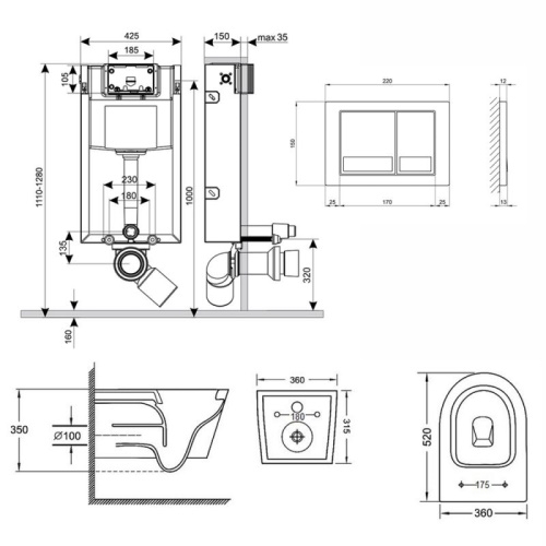 Комплект: Инсталляция: Qtap Nest QT0133M425 + Панель смыва: Qtap Nest QT0111M06029SAT + Унитаз с сиденьем: Qtap Jay QT07335176W QT07335176W0133M425M06029SAT - 2