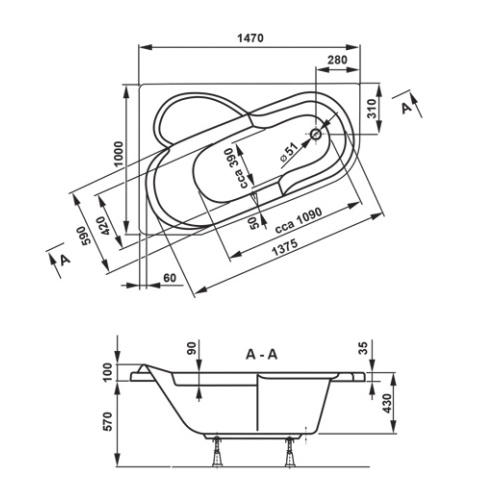 Ванна Vagnerplast Selena 147 x 100 без ножек VPBA141SEL3LE-01 - 2
