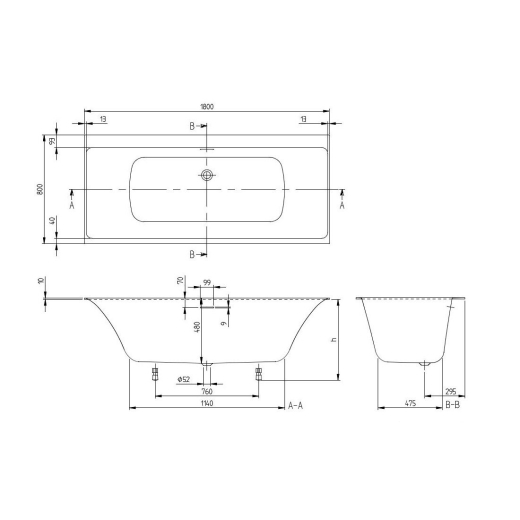 Ванна Villeroy & Boch Subway 3.0 Quaryl 180*80см з ніжками та сифоном (UBQ180SBW2DV-01) - 4