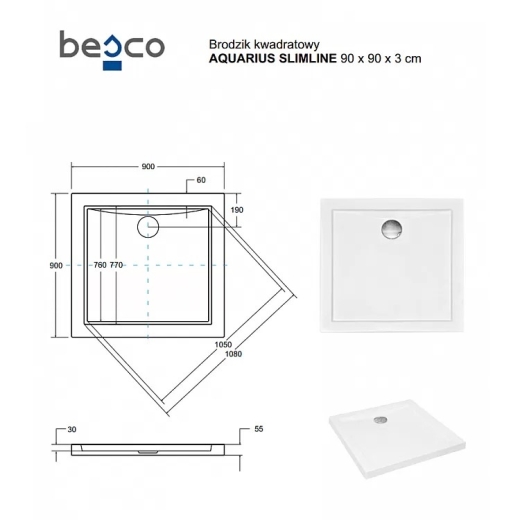 Піддон квадратний BESCO Aquarius 90х90х3/5.5 см (00000009212) - 3