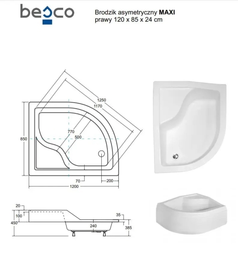 Піддон напівкруглий Besco Maxi 120x85х24/35 L + ніжки (NAVARA22747) - 3