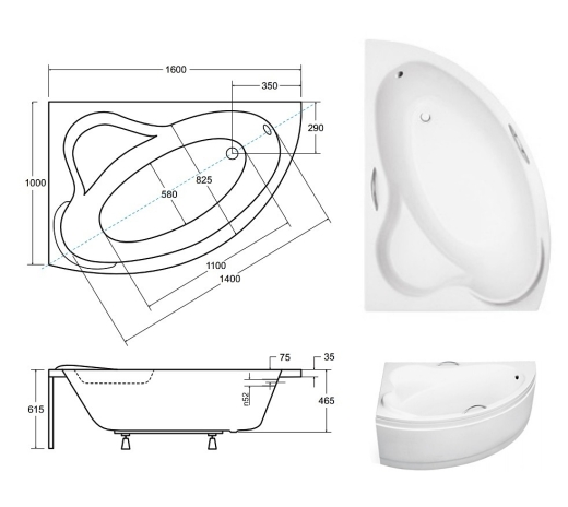 Ванна акрилова Besco Ada 160х100 права, з отворами під ручки (00000003657) - 3