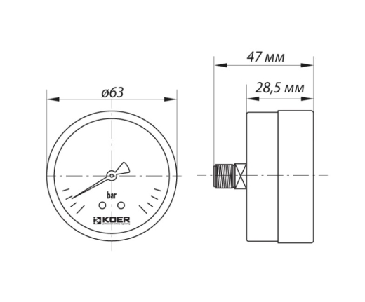 Манометр аксіальний (KOER KM.611A) (0-10 bar), D=63мм, 1/4'' (KR0212) - 3