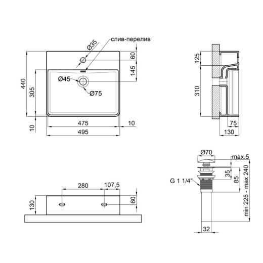 Раковина Qtap Nando LT 500х420х120 Matt black с донным клапаном PU03O (QT12112173SMBMBN47322) - 6