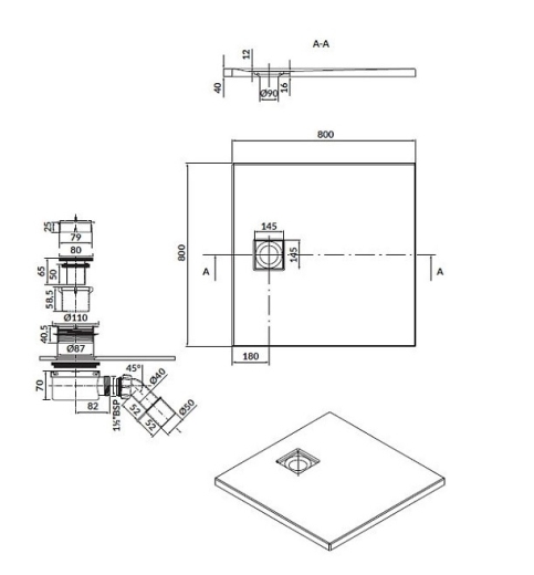 Душовий піддон Cersanit Tako Slim 80x4 чорний матовий + сифон (S932-165) - 3