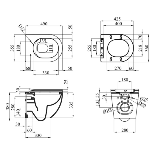 Унитаз подвесной с крышкой Kroner Harz WHI493736 Rimless (CV029609) - 6