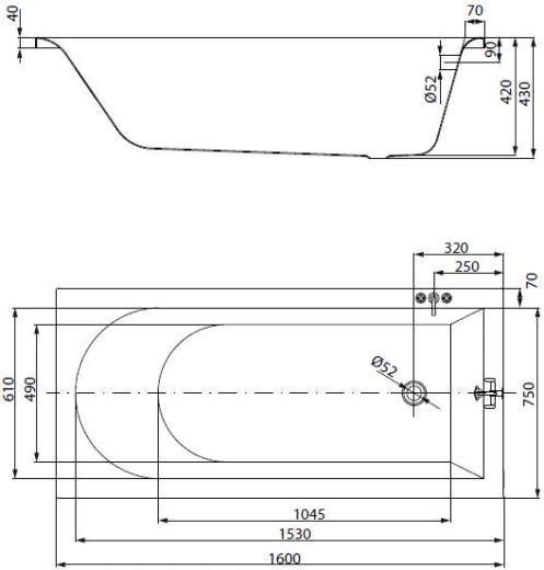 Ванна акриловая Cersanit City 160х75 см (S301-335) - 3