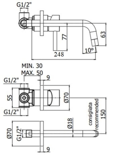 Смеситель для умывальника Paffoni Light, настенный, излив 24.8 см, Steel Looking (LIG007ST70) - 2