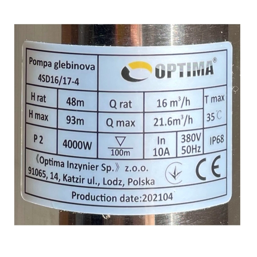 Насос свердловинний OPTIMA 4SD16/17 4,0 кВт 93м 3-х фазний (9694900304195508) - 3