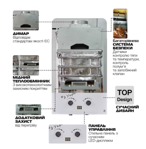 Газова колонка MIXXUS GWH-0610 Basic Glass димохідна 10 л/хв, панель зі скла з малюнком (WH0027) - 5