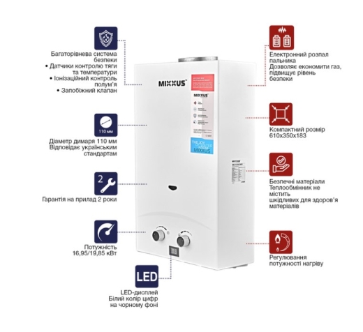 Газовая колонка MIXXUS GWH-0112 Basic White дымоходная 12 л/мин (WH0029) - 4