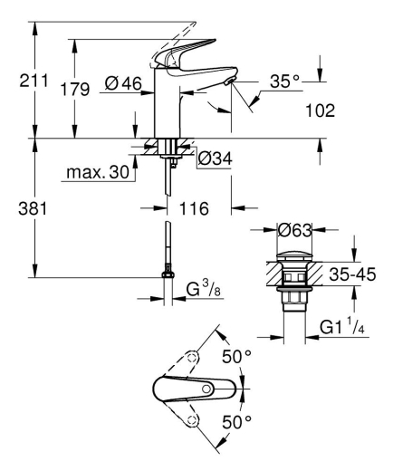Смеситель однорычажный для раковины Grohe Euroeco M-Size (24267001) - 4