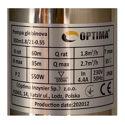Насос скважинный 3″ OPTIMA 3SDm1,8/21 0,55 кВт 85м + пульт + кабель 1,5м NEW (9694900304195985) - 2