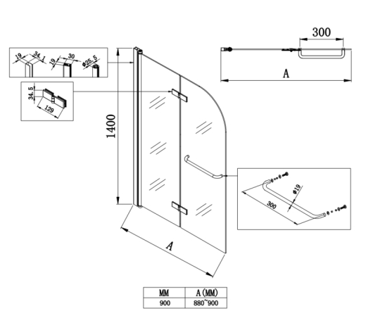 Шторки стеклянные на ванну Koer SR BS05-90x140-TR-01 прозрачное стекло Easy Clean 6мм, хром (KR5372) - 9