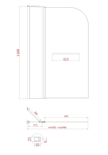 Шторки стеклянные на ванну Koer SR BS04-95x140-TR-07 прозрачное стекло 6мм, графит (KR5404) - 10