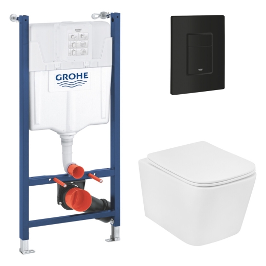 Комплект 4 в 1: Інсталяція Grohe Solido 2 в 1 38971000 + Панель змиву для унітаза Grohe Even 389662430 + Унітаз підвісний безобідковий Kroner Eifel WHI483429 TORNADO з сидінням Slim Duroplast / Soft-close / Quick relase KE483429WHIT (CV036759) - 1