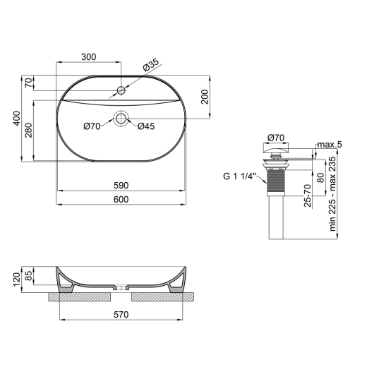 Раковина накладна Mixxus Premium ELLIPSE-0204 600х380х115mm з отвором під змішувач (MP6679) - 3