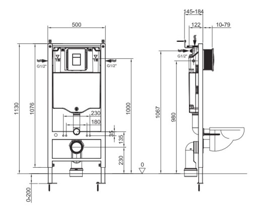 Инсталляция для подвесного унитаза Koer KT-0504-01 500x126x1150mm с панелью смыва KT-0607-01 Хром (KR5348) - 2