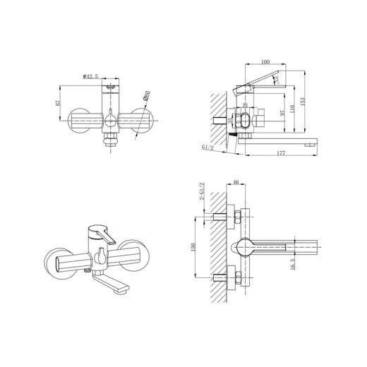 Смеситель для ванны Mixxus Lord 009 Euro Graphite (Цвет графит) (MI7140) - 2