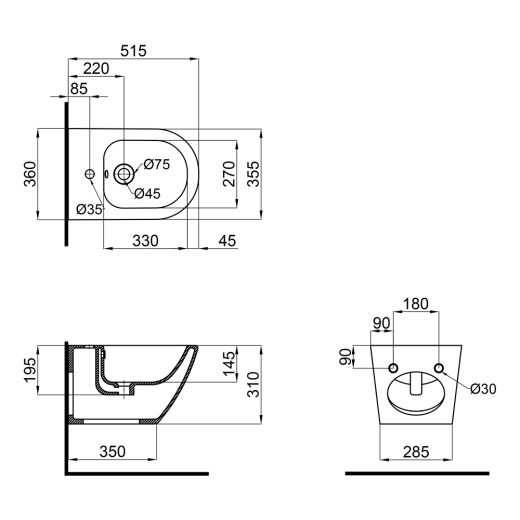 Биде подвесное Mixxus ELLIPSE-0502 520x360x320mm (MI6714) - 2