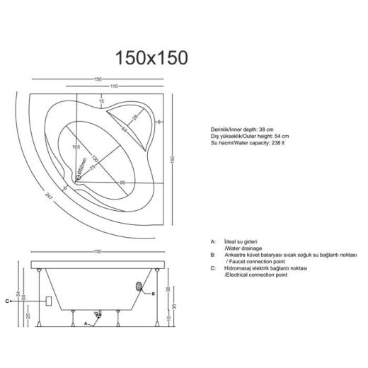 Ванна акрилова кутова Insana Alpina 150*150 + ноги + обудова (А0059751) - 3