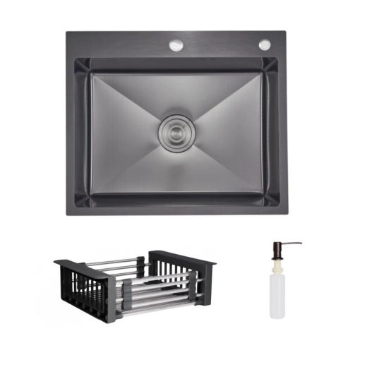 Комплект Lidz Handmade H6050HB Мойка для кухни интегрированная Decor Black PVD Honeycomb в комплекте с дозатором + LIDZK01B Корзина для кухонной мойки (LDH6050BDECPVD4837149129) - 1