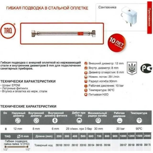 Шланг водяной TUCAI 1/2″x1/2″ ВВ 0,8м TAQ HG-1212-800 200166 (00001701024413) - 4