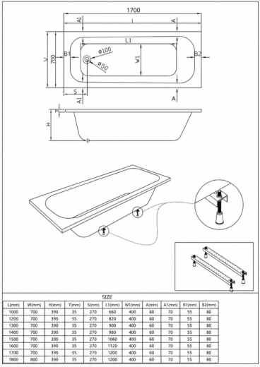 Ванна акриловая KO&PO 4001, 130×70 см, прямоугольная (С10020) - 9