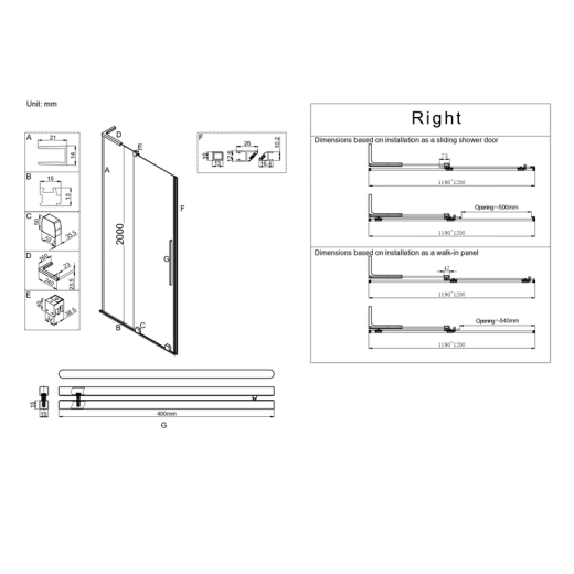Двері у нішу розсувні Walk-In правосторонні KOER SR SD07 120x200 прозоре скло EASY CLEAN графіт (KR5775) - 2