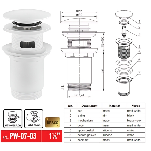 Донний клапан для раковини з переливом KOER PW-07-03 білий автоматичний CLICK-CLACK 1 1/4 (KR5783) - 8