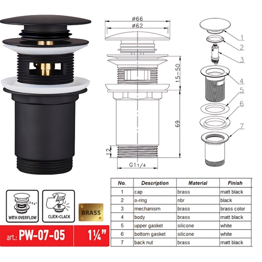 Донний клапан для раковини KOER PW-07-05 1 1/4'' з переливом автоматичний (СLICK-СLACK) (Колір чорний) (KR5785) - 8