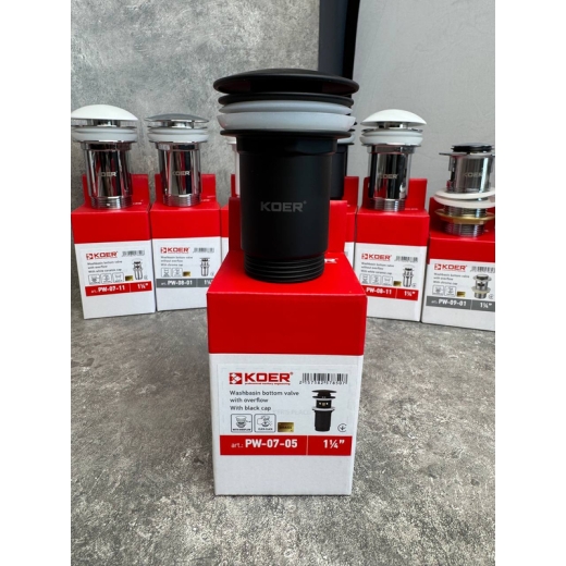 Донний клапан для раковини KOER PW-07-05 1 1/4'' з переливом автоматичний (СLICK-СLACK) (Колір чорний) (KR5785) - 9