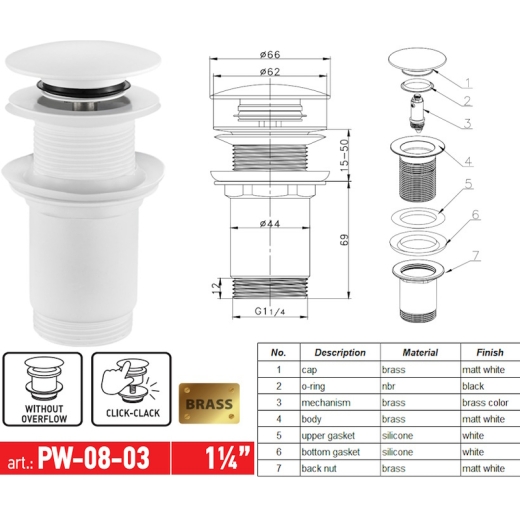 Донний клапан для раковини KOER PW-08-03 1 1/4'' без переливу автоматичний (СLICK-СLACK) (Колір білий) (KR5787) - 7