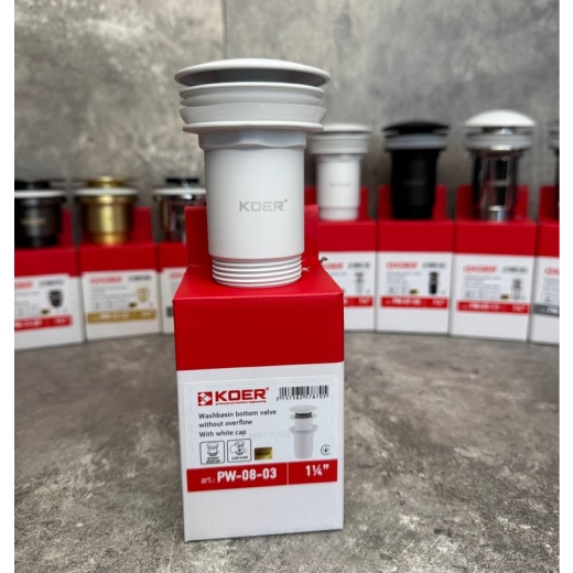 Донний клапан для раковини KOER PW-08-03 1 1/4'' без переливу автоматичний (СLICK-СLACK) (Колір білий) (KR5787) - 8