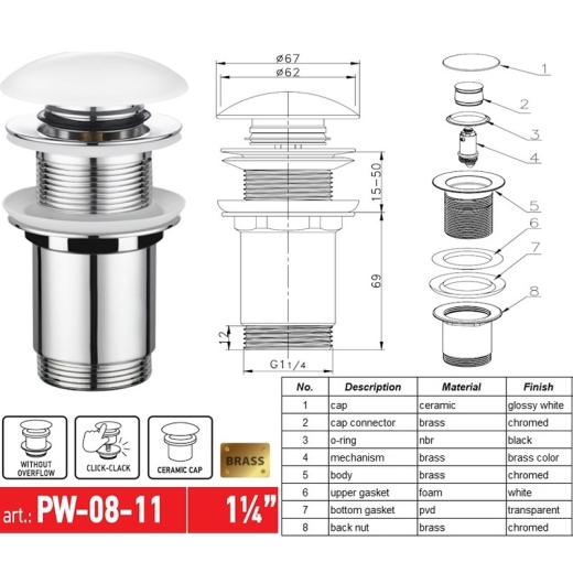 Донний клапан для раковини KOER PW-08-11 1 1/4'' без переливу автоматичний (СLICK-СLACK) (Біла керамічна накладка) (KR5788) - 7