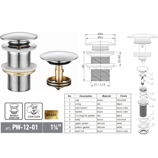 Донний клапан для раковини KOER PW-12-01 1 1/4'' без переливу автоматичний (СLICK-СLACK) (Колір хром) (KR5798) - 8