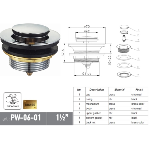Донний клапан для ванни KOER PW-06-01 1 1/2'' автоматичний (СLICK-СLACK) (Колір хром) (KR5799) - 8