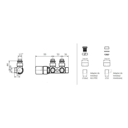 Набір вентилів інтегрований термостатичний правий кутовий TERMA Set Of Valves хром WRZT5G2-CR - 4