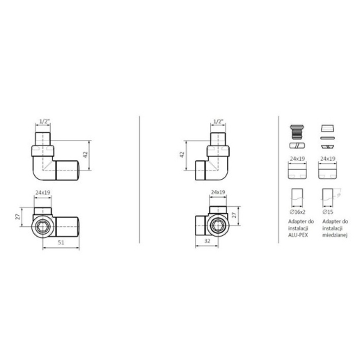 Набір вентилів тривісний регулюючий лівий TERMA Set Of Valves хром WRZRC31-CR - 2