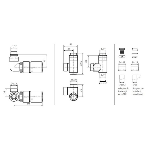 Набір вентилів термостатичний тривісний із трійником лівий TERMA Set Of Valves хром WRZTCG4-CR - 3